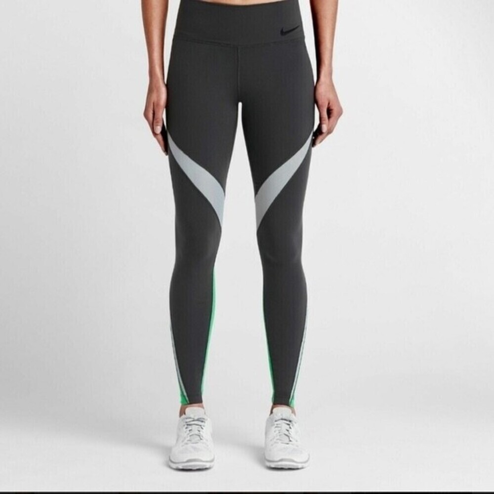 Nike Legendary Women Fabric Twist Veneer Training Tights Grey/Green Size M $125